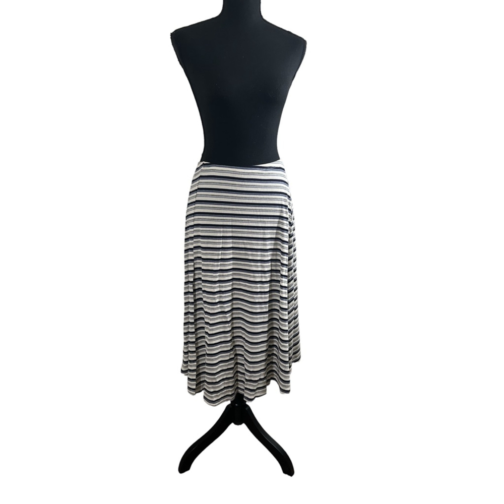 Olivaceous Blue and White Striped Midi Skirt with Side Slit, Size S